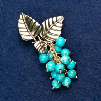 Brož s variscitem „Větvička s bobulemi“, zlatá barva kovu 60×35 mm