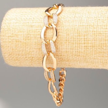 Náramek Xuping s pozlacením pancéřového pletení 18K, délka 22 cm, tloušťka 7 mm ±, tloušťka 13 mm se bílými štrasami