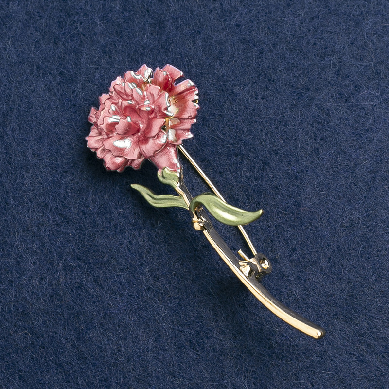 Brož Květina hvozdík, růžový smalt, zlatý kov 59×24 mm