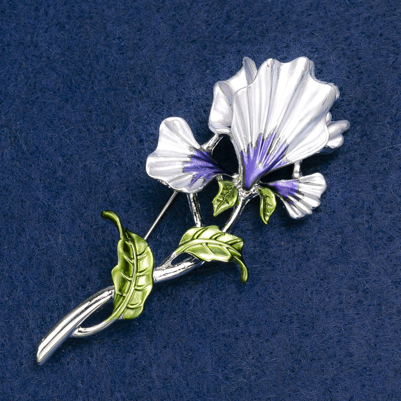 Brož Iris fialová a zelená smaltovaná, stříbrný kov 78×34 mm