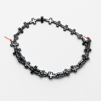 Korálky z hematitu ve tvaru kříže, průměr 8 mm, 5×10, 5×3 mm ±, délka 41 cm ± na niti