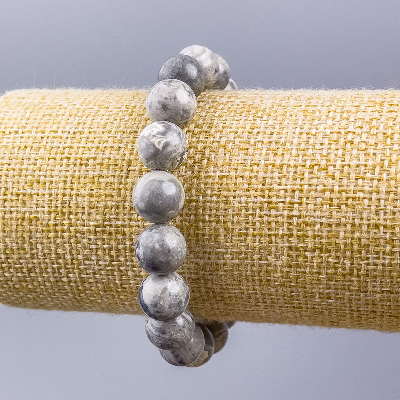 Náramek ze šedého oceánského jaspisu (umělý akryl) hladké kuličky, průměr 10 mm, délka 18 cm (elastický)