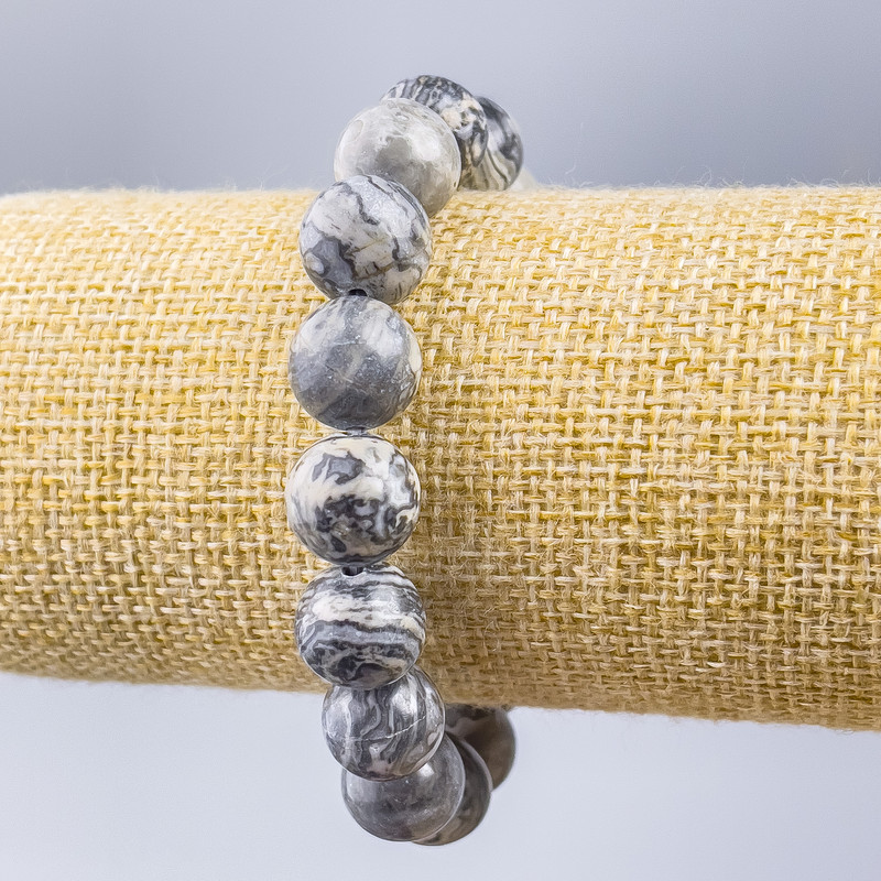 Náramek z šedého oceánského jaspisu (umělý akryl) hladká kulička, průměr 12 mm, délka 18 cm (elastický)