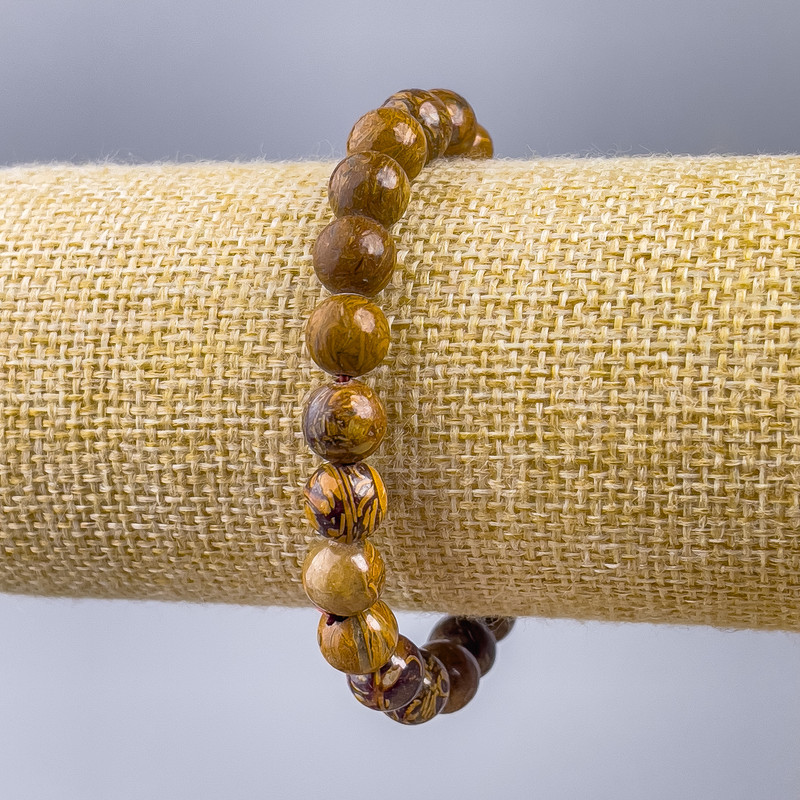 Náramek z jaspisu, dřevěná hladká kulička, průměr 8,5 mm, délka 18 cm (elastický)