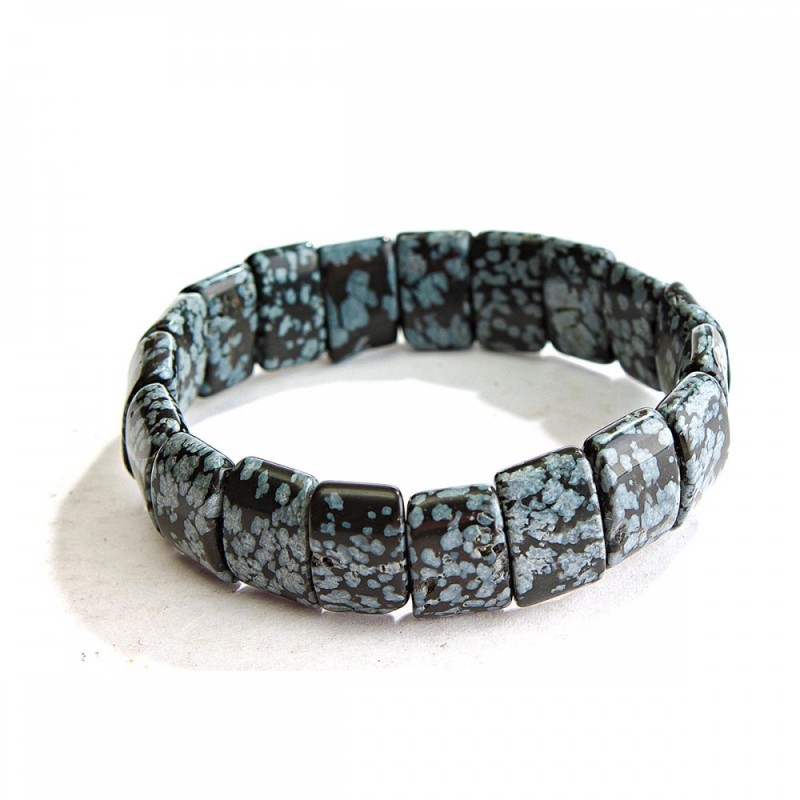 Náramek na gumičku černobílý Sněžný obsidián Slzy Apačů obdélníkové kameny 11×15(±)mm