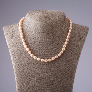 Náhrdelník z růžových říčních hladkých perel, průměr 7×8 mm, délka 45 cm