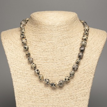 Náhrdelník z přírodního kamene – dalmatinský jaspis, kulaté facetované korálky, průměr 10 × 11 mm, délka 48 cm +