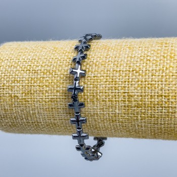 Náramek z hematitu, tvar kříž, rozměry 8×8×3 mm, délka 18 cm (elastický)
