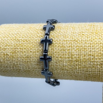 Náramek hematitový Kříž, průměr 14×10 mm ±, délka 18 cm (pružný)