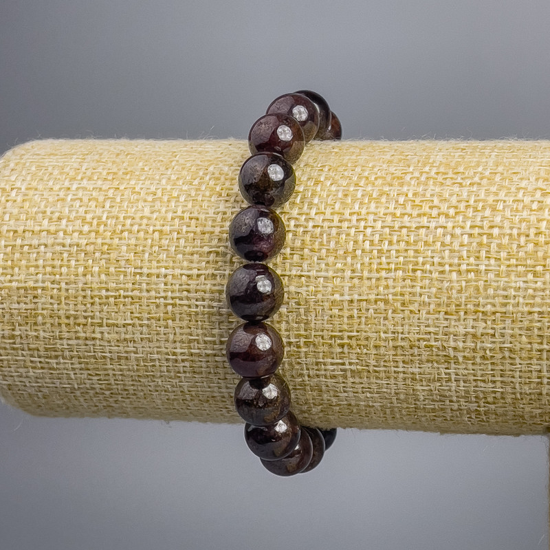 Náramek z granátu, přírodní kámen, hladké korálky, průměr 10 mm ±, délka 18 cm, elastický