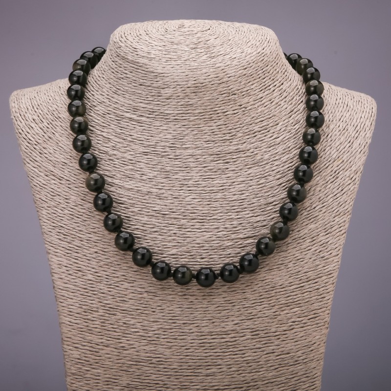 Náhrdelník z přírodního kamene Sluneční obsidián – hladká korálka, průměr 10 mm, délka 48 cm