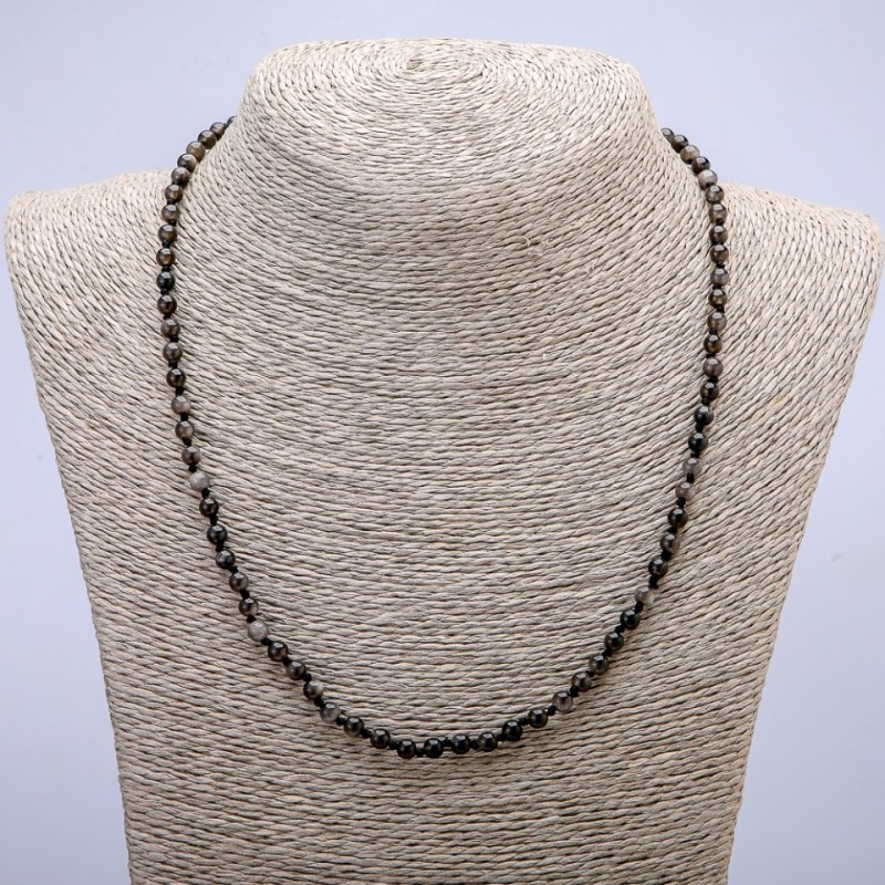Náhrdelník z přírodního kamene – stříbřitý obsidián, hladká kulička, průměr 4 mm, délka 45 cm+