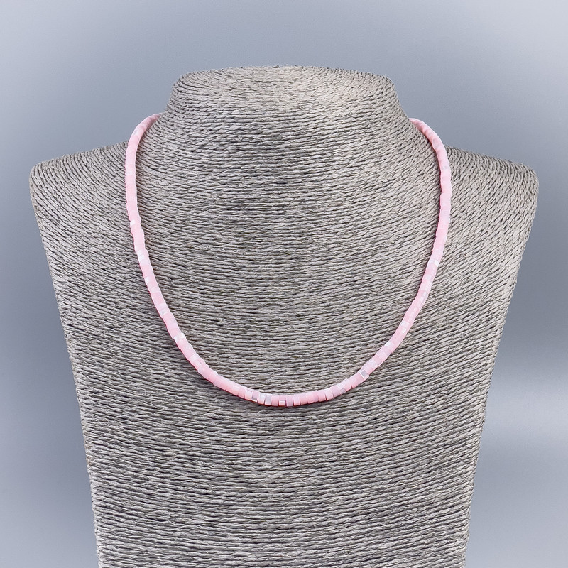 Náhrdelník čoker z přírodní perleti (tonovaný) růžový hladký rondel, průměr 4×2 mm, délka 48 cm