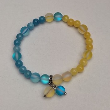 Náramek Citrín a akvamarín (umělý akryl), průměr 6,5 mm, délka 18 cm (elastický) se vložkami opálového skla