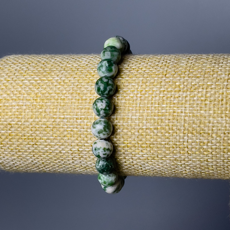 Náramek z mechového achátu – hladké kuličky, průměr 8 mm, délka 18 cm (elastický)