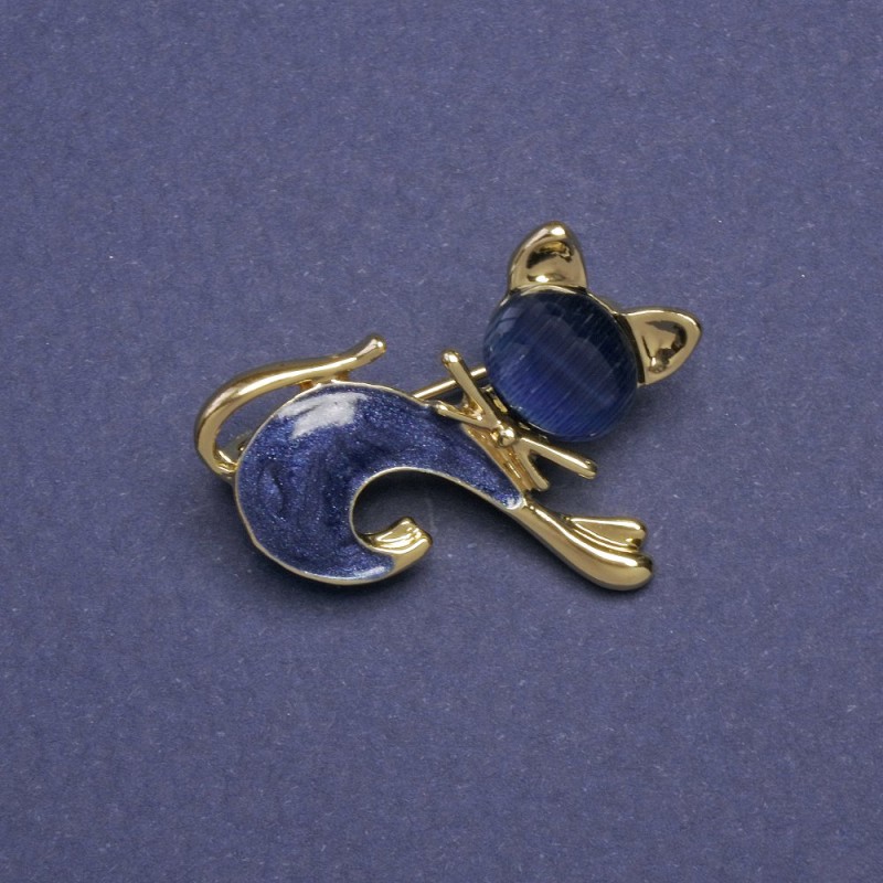 Brož Koťátko s modrým kočičím okem, modrým perletem a zlatavým kovem 28×23 mm