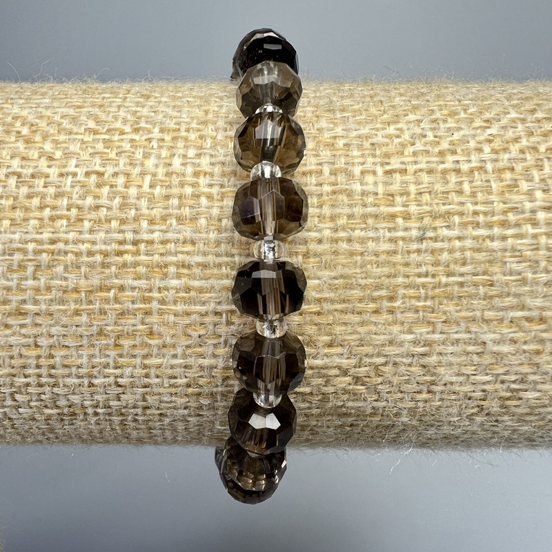 Náramek z kouřového topazu, přírodní kámen, brusované rondely, průměr 8×6 mm ±, délka 18 cm ± (elastický) s biserkami