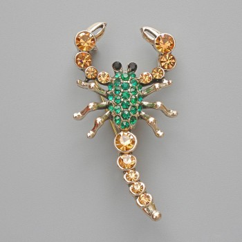 Brožka-přívěšek Štír se zelenými a žlutými štrasovými kamínky, zlatavý kov 28×54 mm