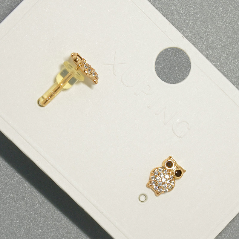 Náušnice pecky «Sova» Xuping s bílými a černými štrasovými kamínky, rozměry cca 6,5×9 mm, pozlacené 18K