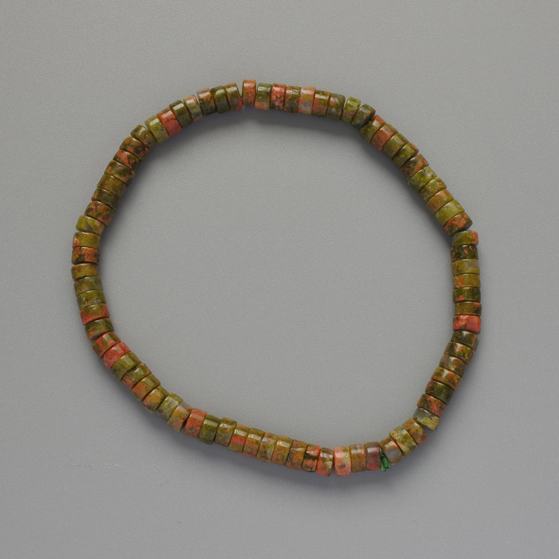 Náramek z jaspisu heliotropu – přírodní kámen, diskové korálky, průměr 4,5 × 2,5 mm, délka 18 cm (elastický)