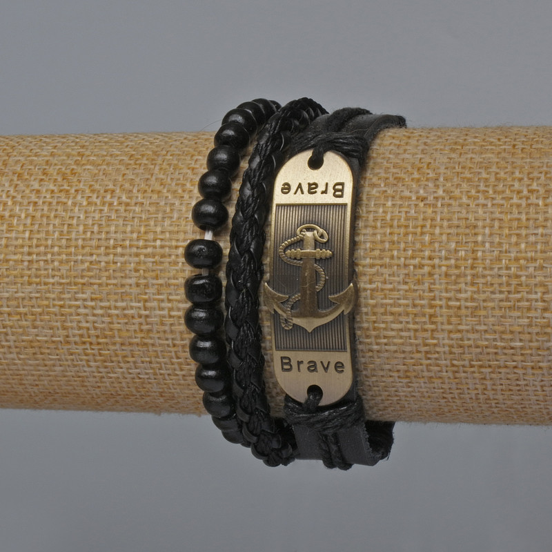 Pánský náramek, sada ze tří kusů ekokoże, černé barvy (s uzávěrem a elastickým prvkem)