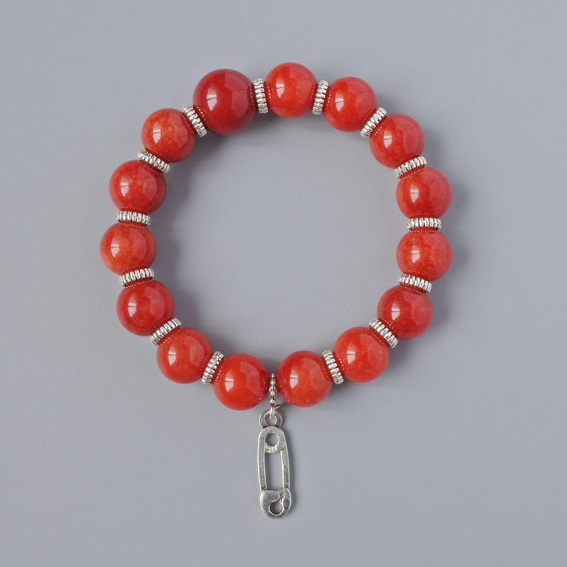 Náramek z červeného jaspisu (stlačený), průměr 12 mm, délka 18 cm (elastický) s kovovými vložkami