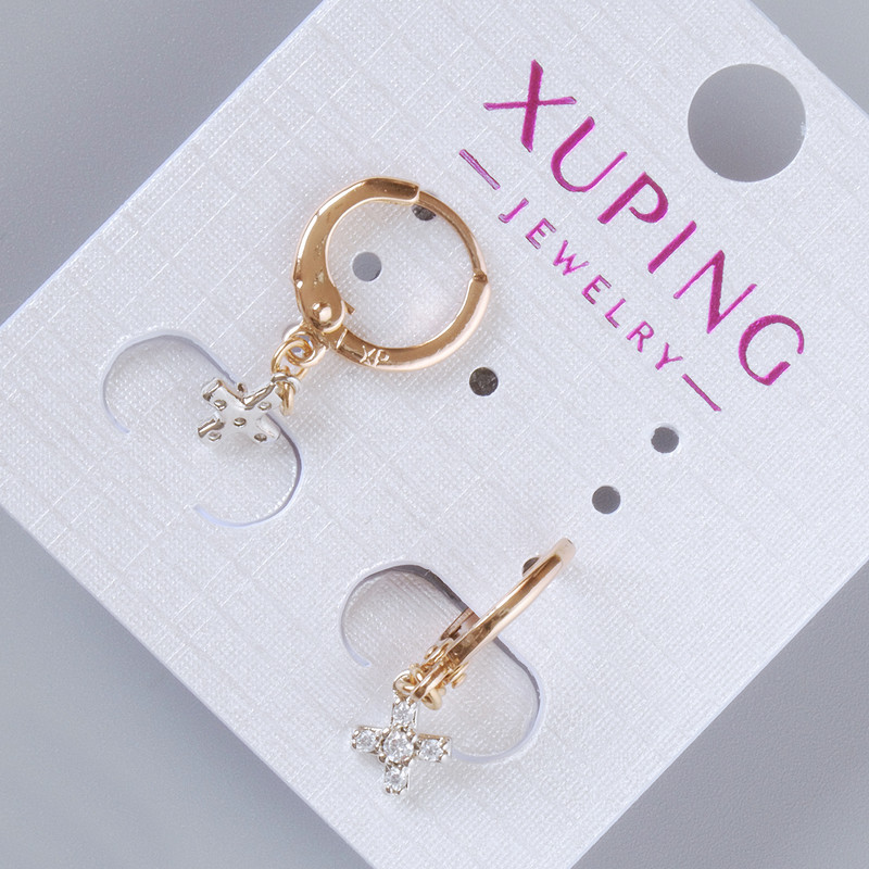 Náušnice «Kříž» Xuping se bílými kamínky, průměr 7,5×6 mm, délka 23 mm, pozlacené 18K