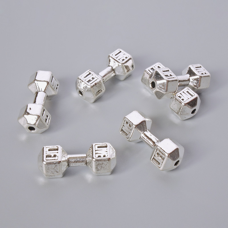 Kovový korálek ve tvaru činky, průměr 8×19 mm, 5 mm ±, balení 6 ks ±, stříbrný odstín kovu