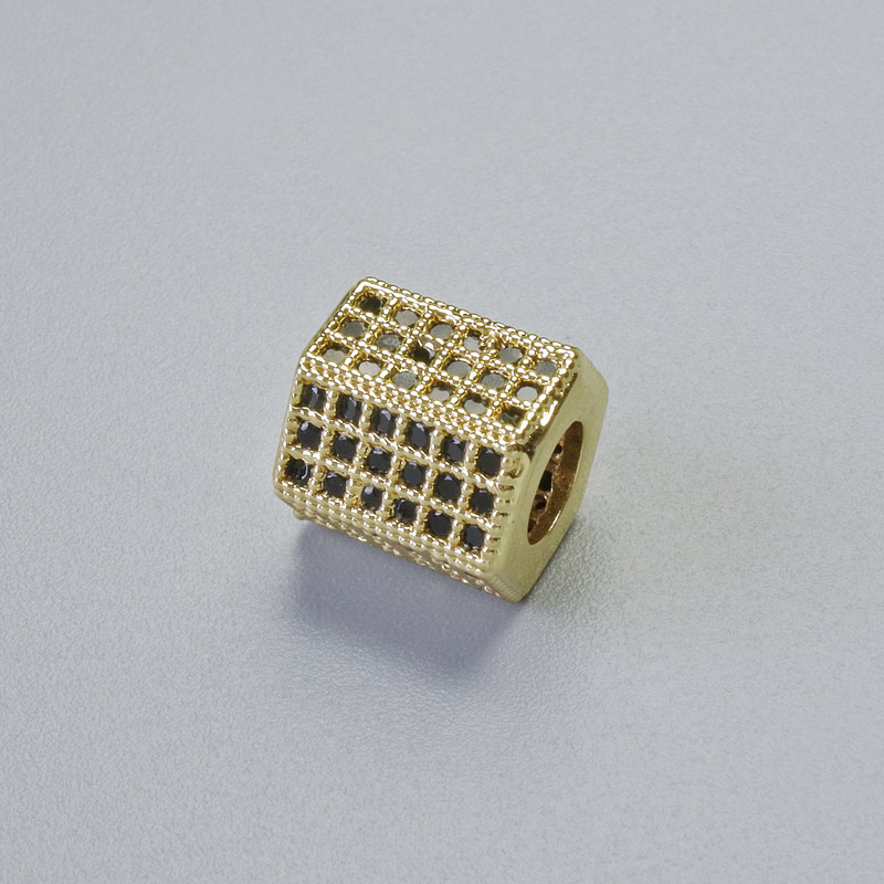 Korálka-vložka se černými štrasami, průměr 8 mm, 5×8 mm, díra Ø4 mm, zlatý odstín kovu, 1 ks