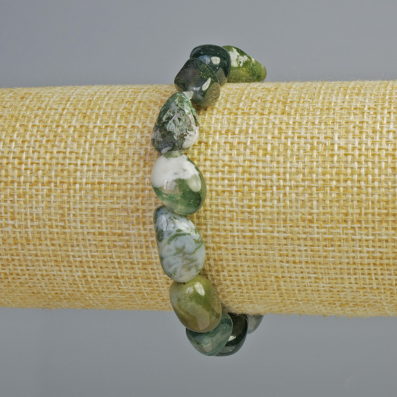 Náramek z mechového achátu, přírodní kámen, broušené korálky, průměr 10×15 mm, délka 18 cm (elastický)