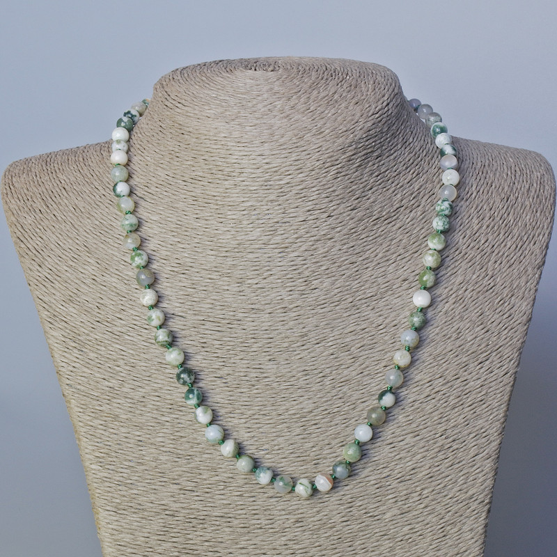 Náhrdelník z mechového achátu, přírodní kámen, hladké korálky, průměr 6 mm ±, délka 45–49 cm