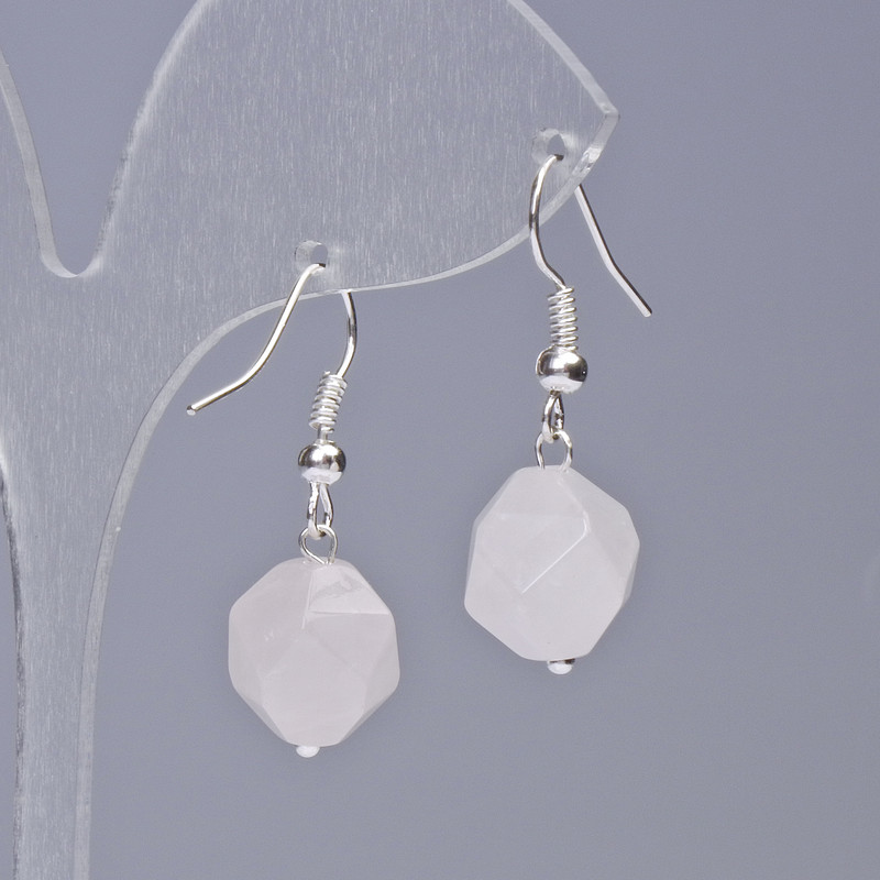 Náušnice z růžového křemene, přírodní kámen, víceúhlý výbrus, průměr 10,5×12 mm, délka 32 mm