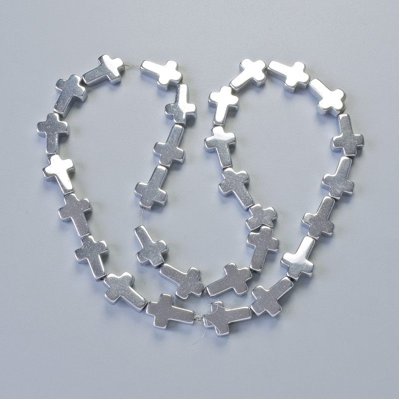 Hematitové korálky ve tvaru kříže, průměr 10×14×4 mm, délka 40 cm, navlečené na niti