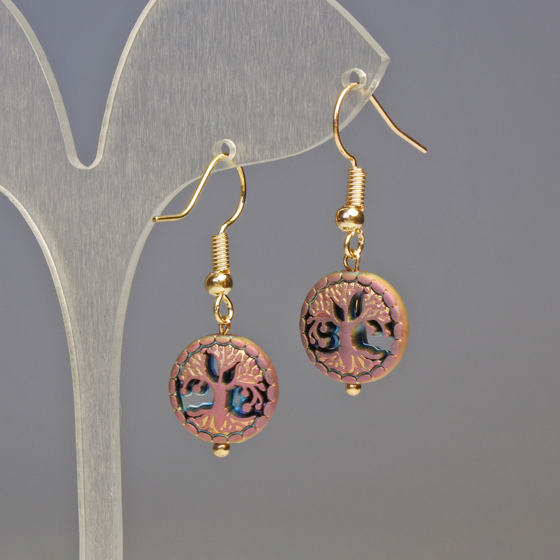 Náušnice z hematitu a dřeva, vícebarevné, průměr 12×4 mm, délka cca 3,2 cm