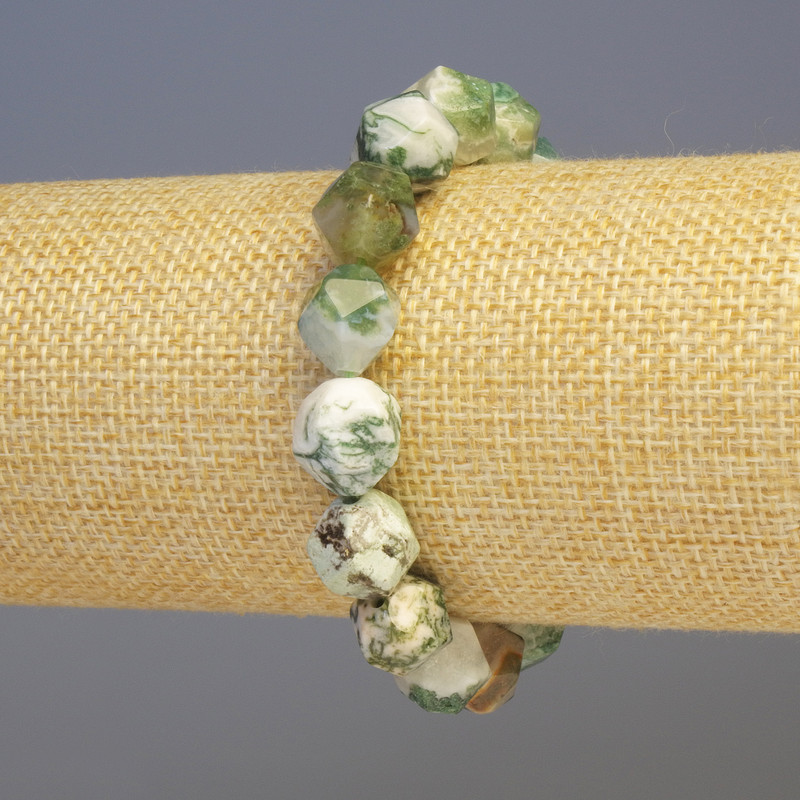 Náramek z mechového achátu, přírodní kámen, víceúhlé korálky, průměr 11×11 mm ±, délka 18 cm ±, elastický