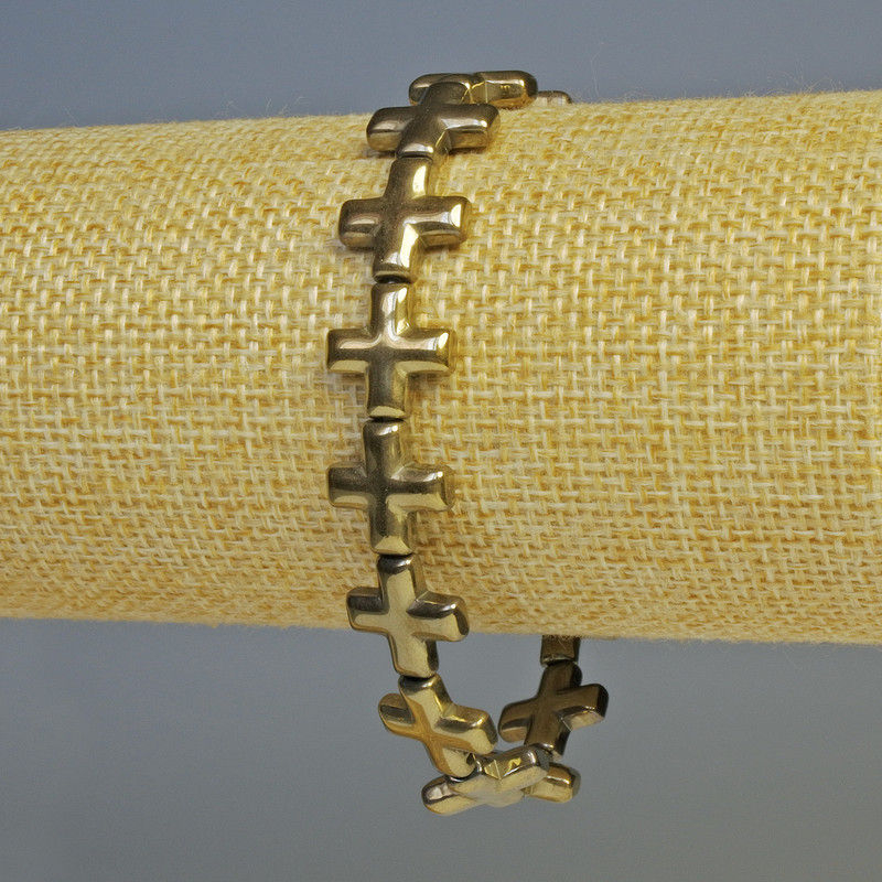 Náramek z hematitu s kříži, světle bronzová barva, průměr 12,5 × 12,5 mm, délka 18 cm, elastická guma