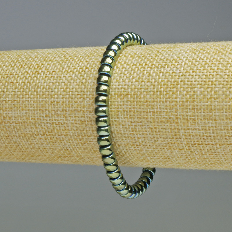 Náramek z hematitu – rondelové korálky, zelený chameleon, průměr 6×4 mm, délka 18 cm, elastický