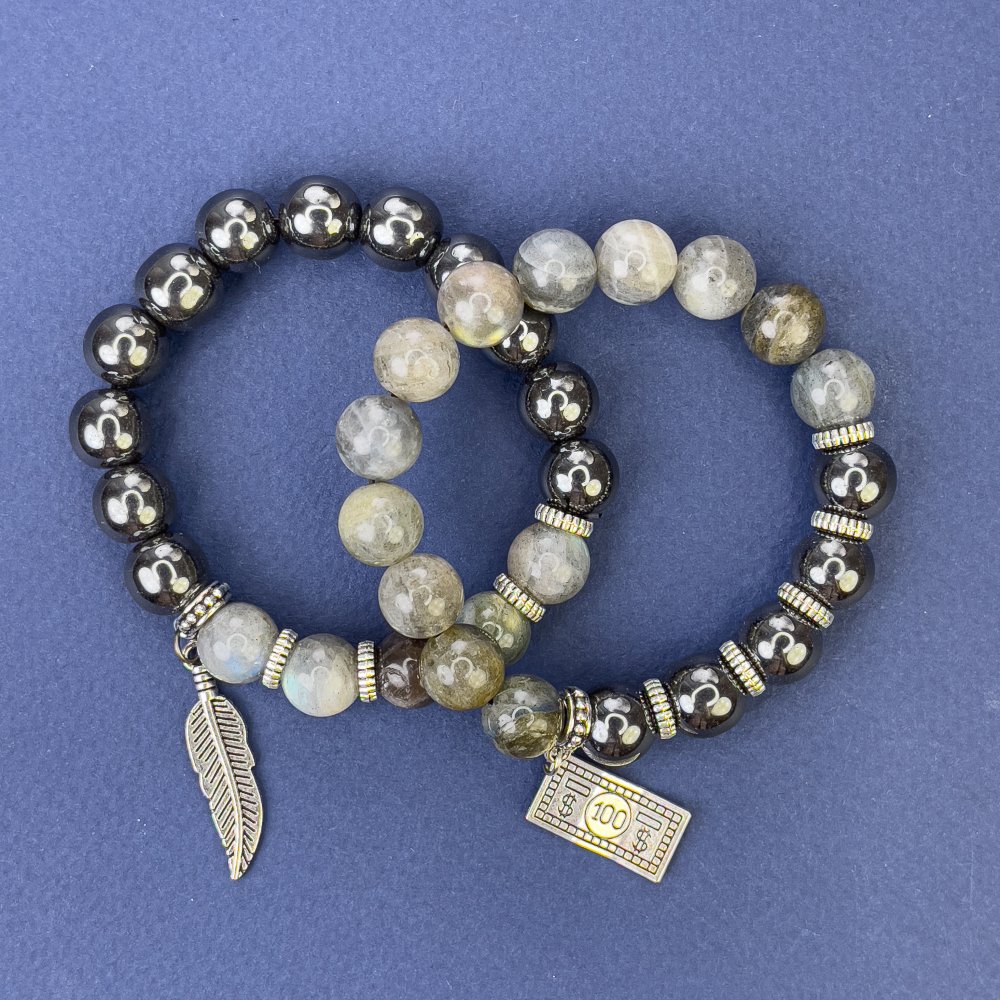 Сет браслетів Лабрадор Гематит гладка кулька 10мм+-з металевими вставками, довжина 18см+- стрейч