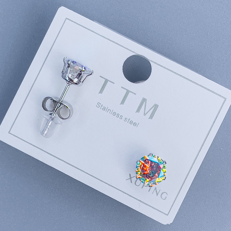 Náušnice pecky Xuping se duhovým kamenem 6 mm ± rhodiované