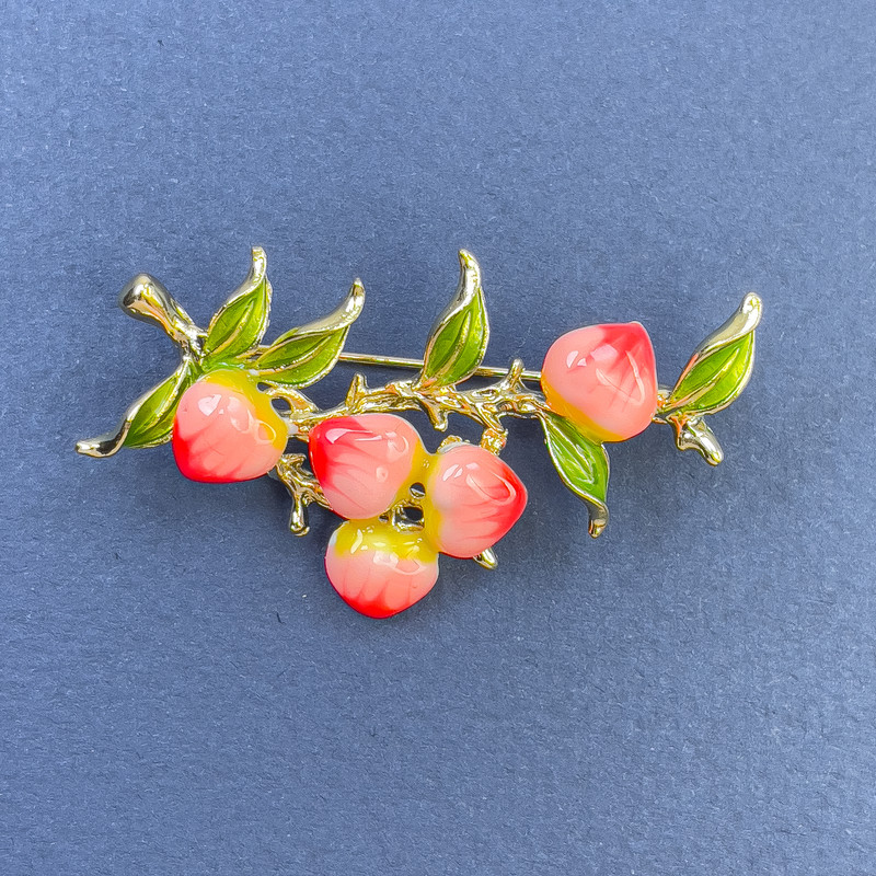 Brožka „Exotické ovoce“, barevná smaltovaná, zlatý kov, 28×45 mm+