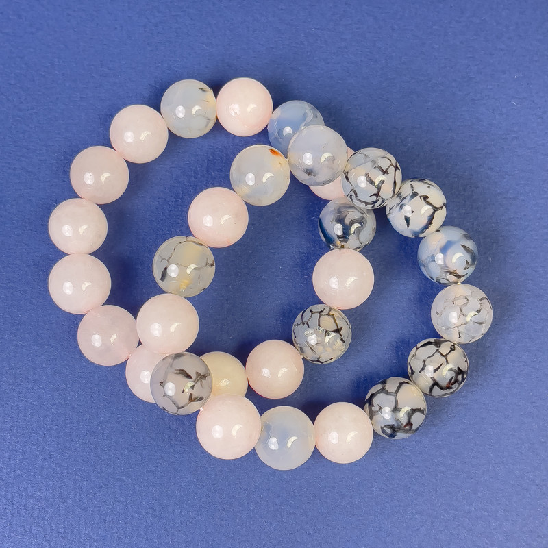 Sada náramků z růžového křemene a achátu drakových žil, hladká kulička, průměr 12 mm, délka 18 cm, +- elastická šňůra