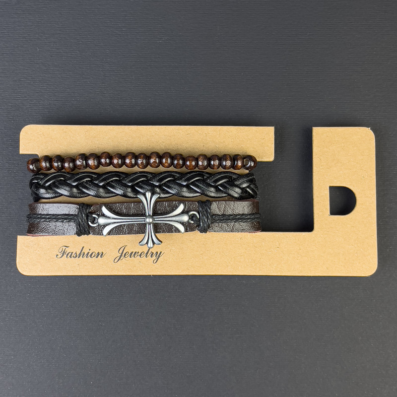 Trojitý náramek z ekokůže s vložkou ve tvaru kříže na stažení, délka 18–24 cm, hnědá a černá