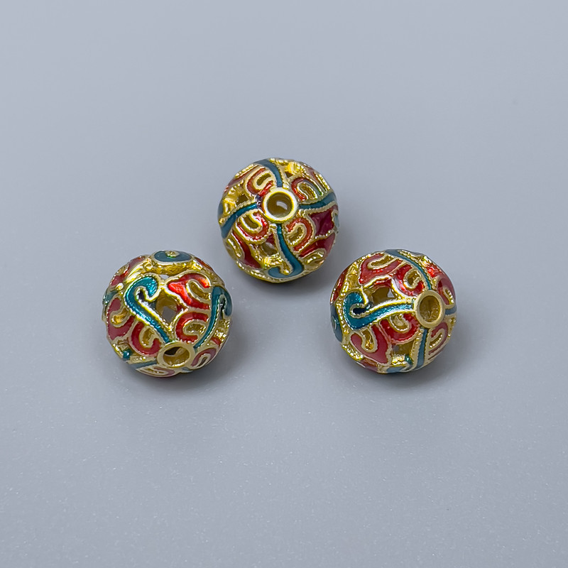 Korálka Cloisonné červená a tyrkysová smalt, průměr 10 mm, otvor 2 mm, zlatý odstín kovu, 1 ks