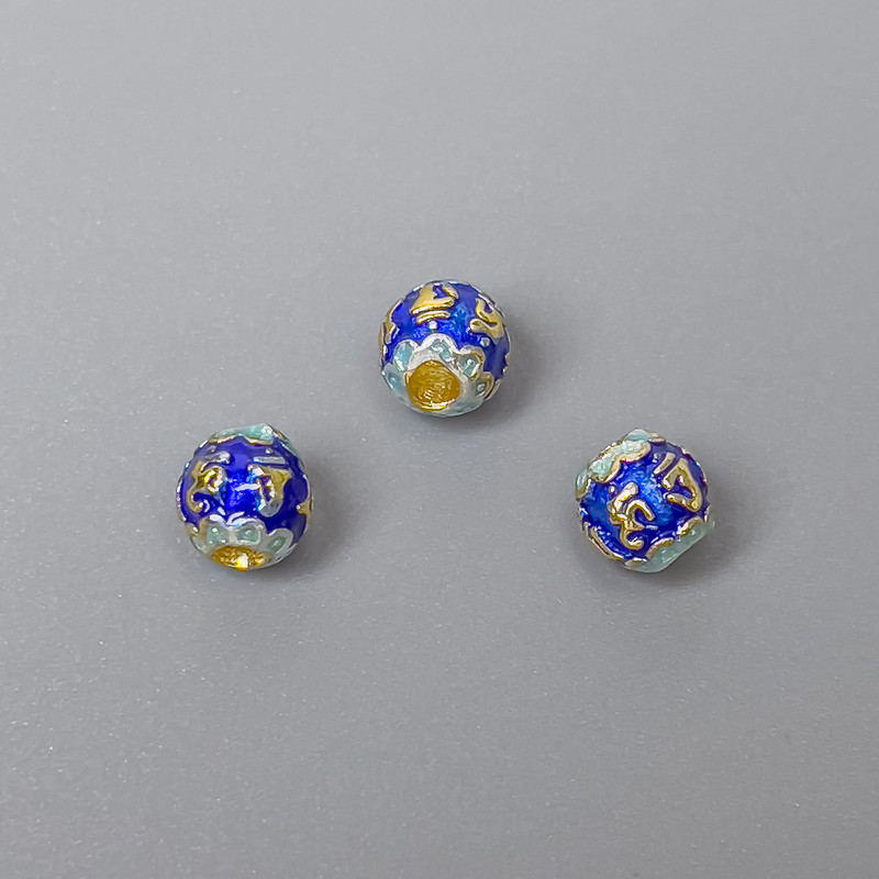 Korálek Cloisonné modro-azurový smalt, průměr cca 6×5 mm, díra 2 mm, zlatistá barva kovu, 1 ks