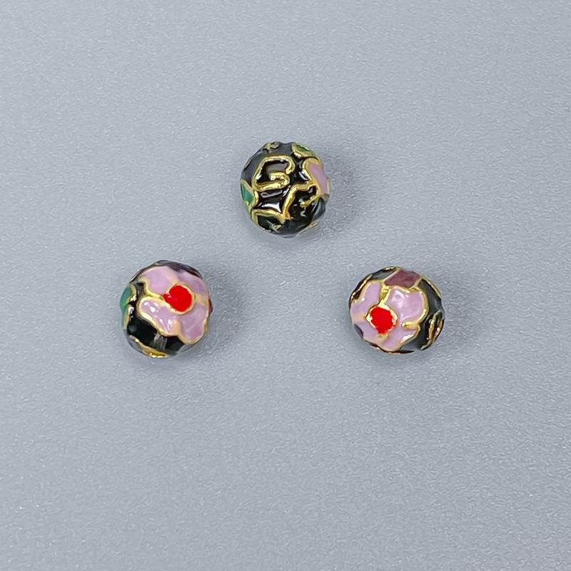 Korálek Cloisonné s enamelem, černá, fialová a zelená, průměr 6 mm, dírka 1 mm, zlatá barva kovu, 1 ks
