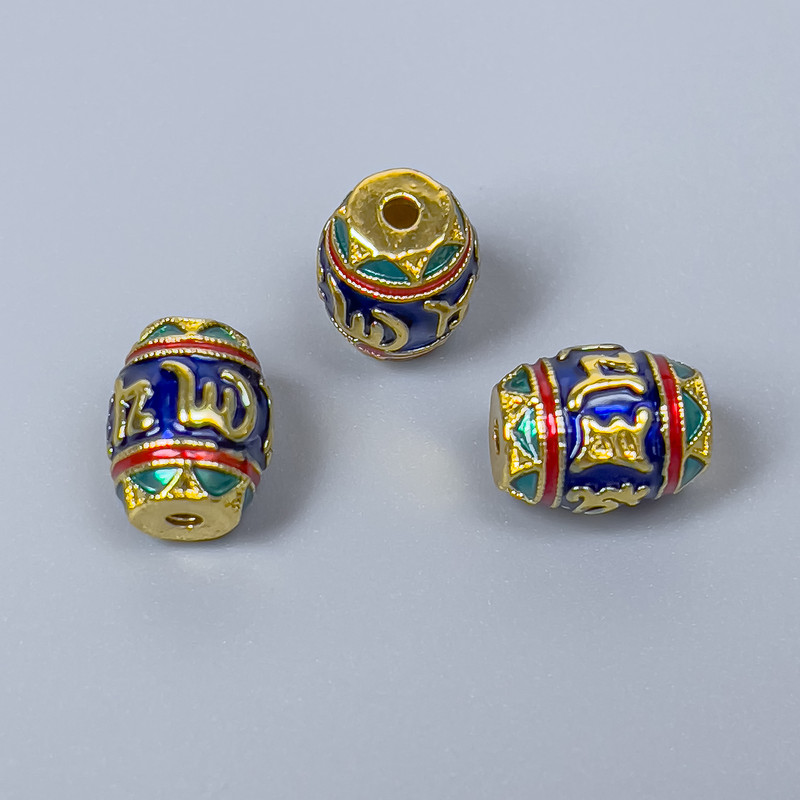 Korálek Cloisonné barilkového tvaru se smaltem, průměr 8×10 mm, otvor 1,5 mm, zlatý odstín kovu, 1 ks