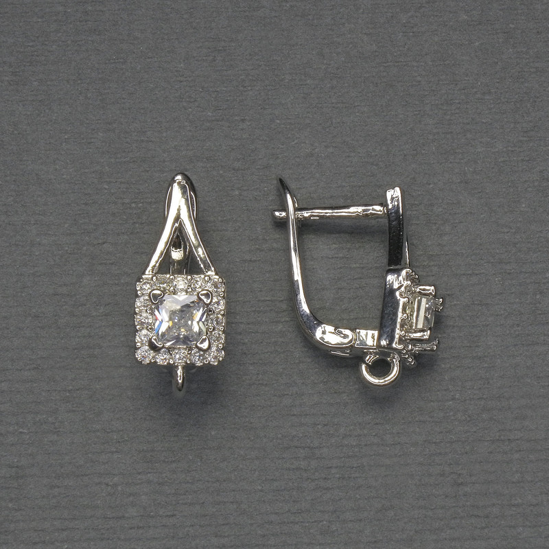 Háčky na náušnice s bílými štrasovými kamínky, stříbrný kov, 17×7 mm – pár