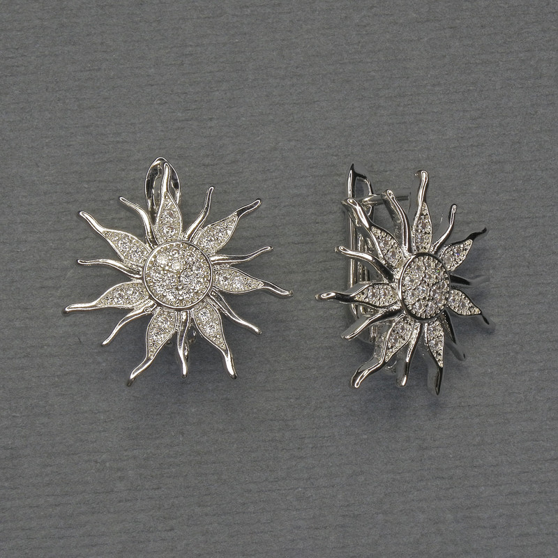 Háčky na náušnice s bílými rhinestones, stříbrný kov, průměr 20 mm, pár