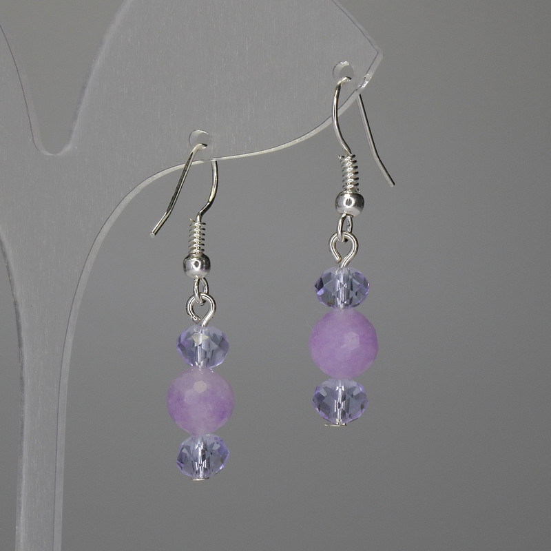 Náušnice z kunzitu – broušená kulička 8 mm +- český křišťál rondel 6×5 mm +-, délka 37 mm+