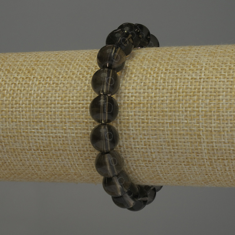 Náramek z dymového topazu – hladké korálky, průměr 10 mm, délka 18 cm, elastický